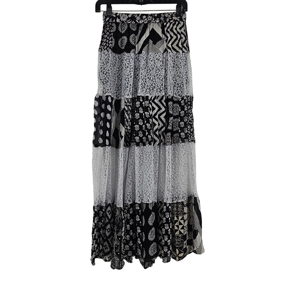 Young Threads Patchwork Lace Sheer Tiered Maxi Skirt Festival Boho Peasant Sm